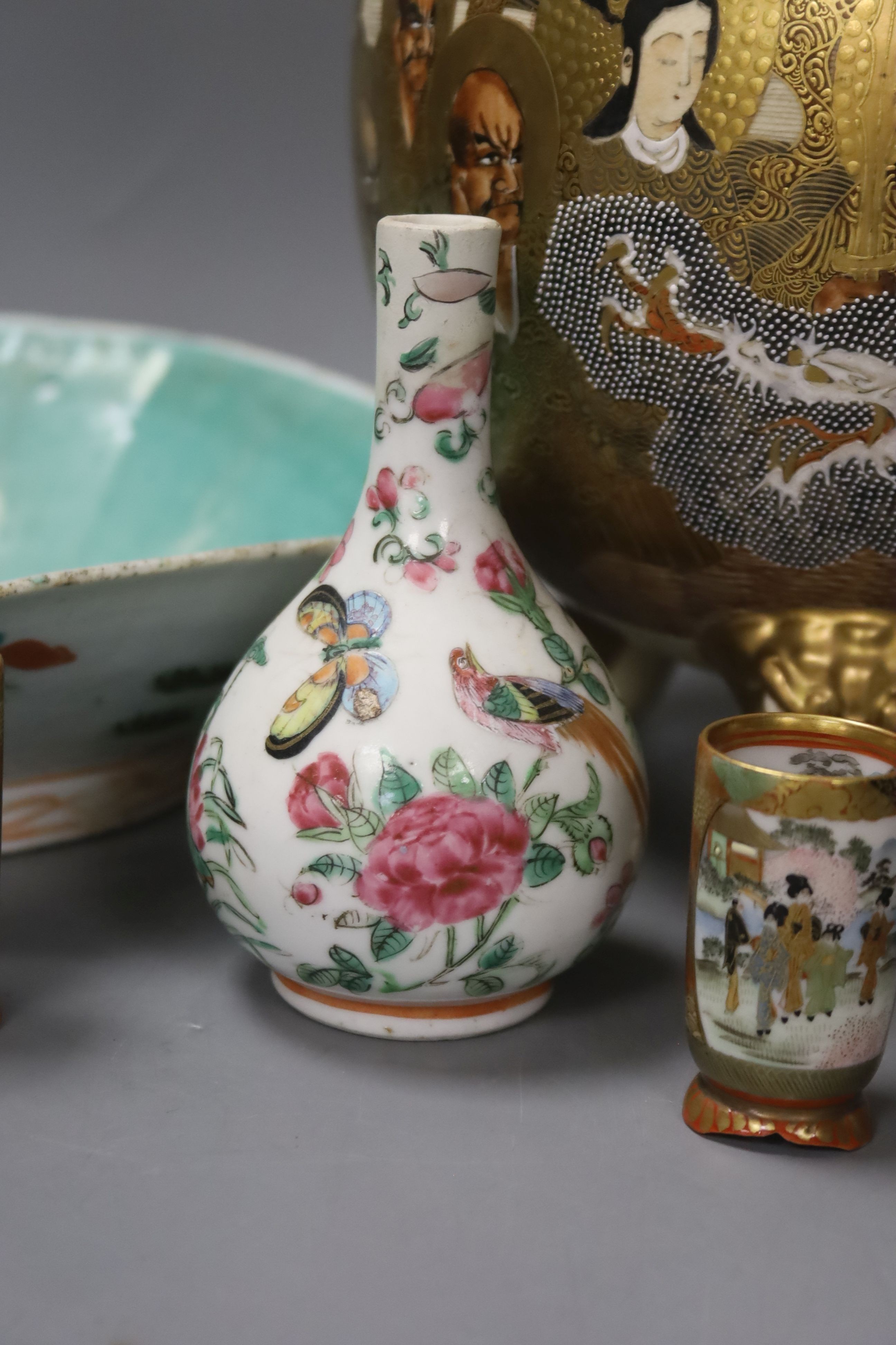 A Chinese famille rose octagonal dish and two small bottle vases and a Japanese Satsuma pottery koro and a similar pair of Kutani miniature vases group of oriental ceramics (6)